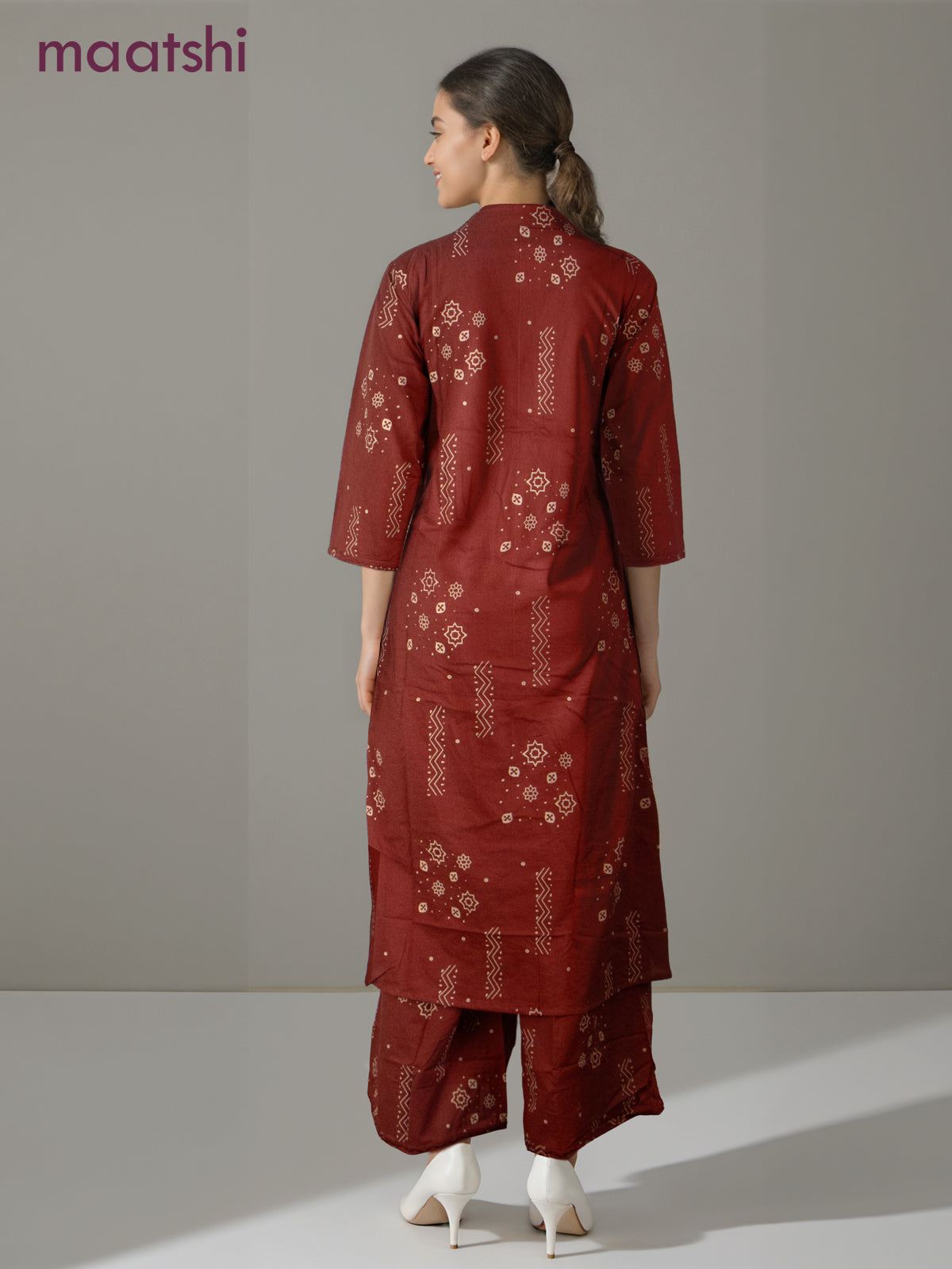 Cotton co-ord set rustic maroon with prints & embroidery mirror work v neck pattern and palazzo pant