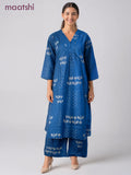 Cotton co-ord set blue with prints & embroidery mirror work v neck pattern and palazzo pant