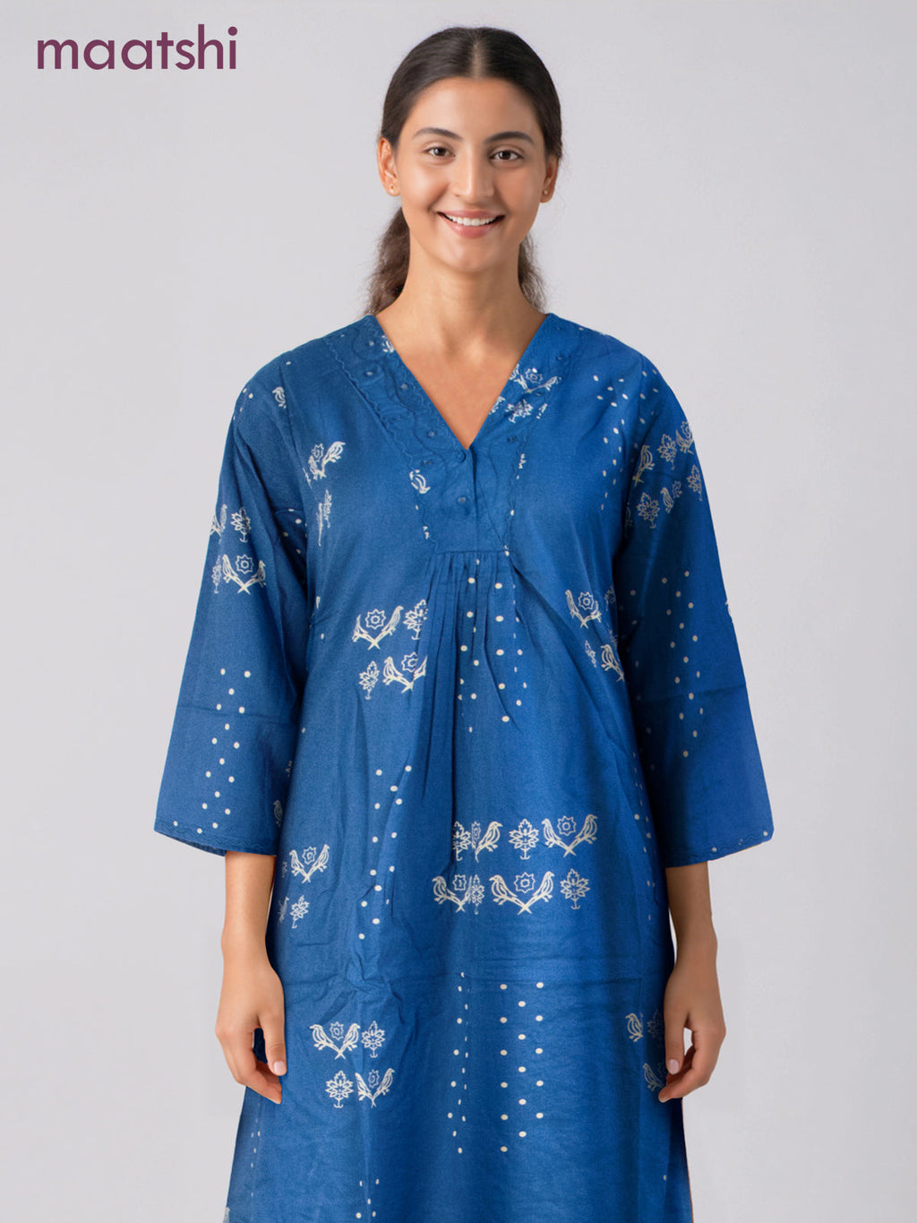 Cotton co-ord set blue with prints & embroidery mirror work v neck pattern and palazzo pant