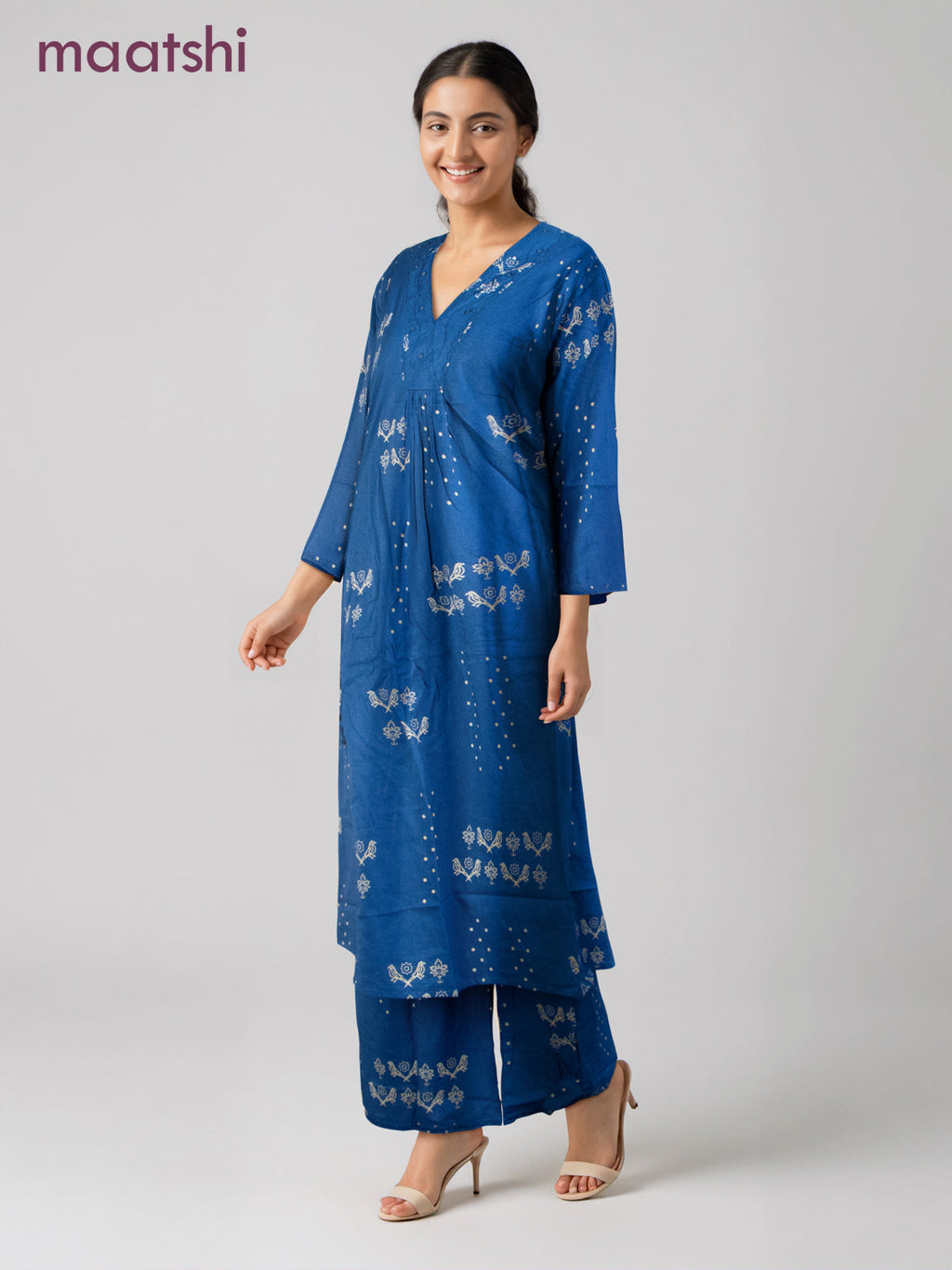 Cotton co-ord set blue with prints & embroidery mirror work v neck pattern and palazzo pant