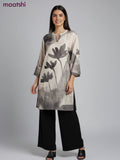 Muslin kurti set grey shade  with floral prints & embroidery beaded work neck pattern and and palazzo pant
