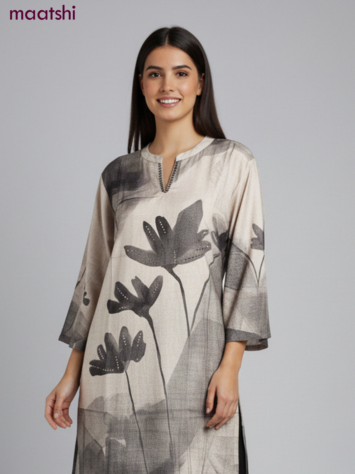 Muslin kurti set grey shade  with floral prints & embroidery beaded work neck pattern and and palazzo pant