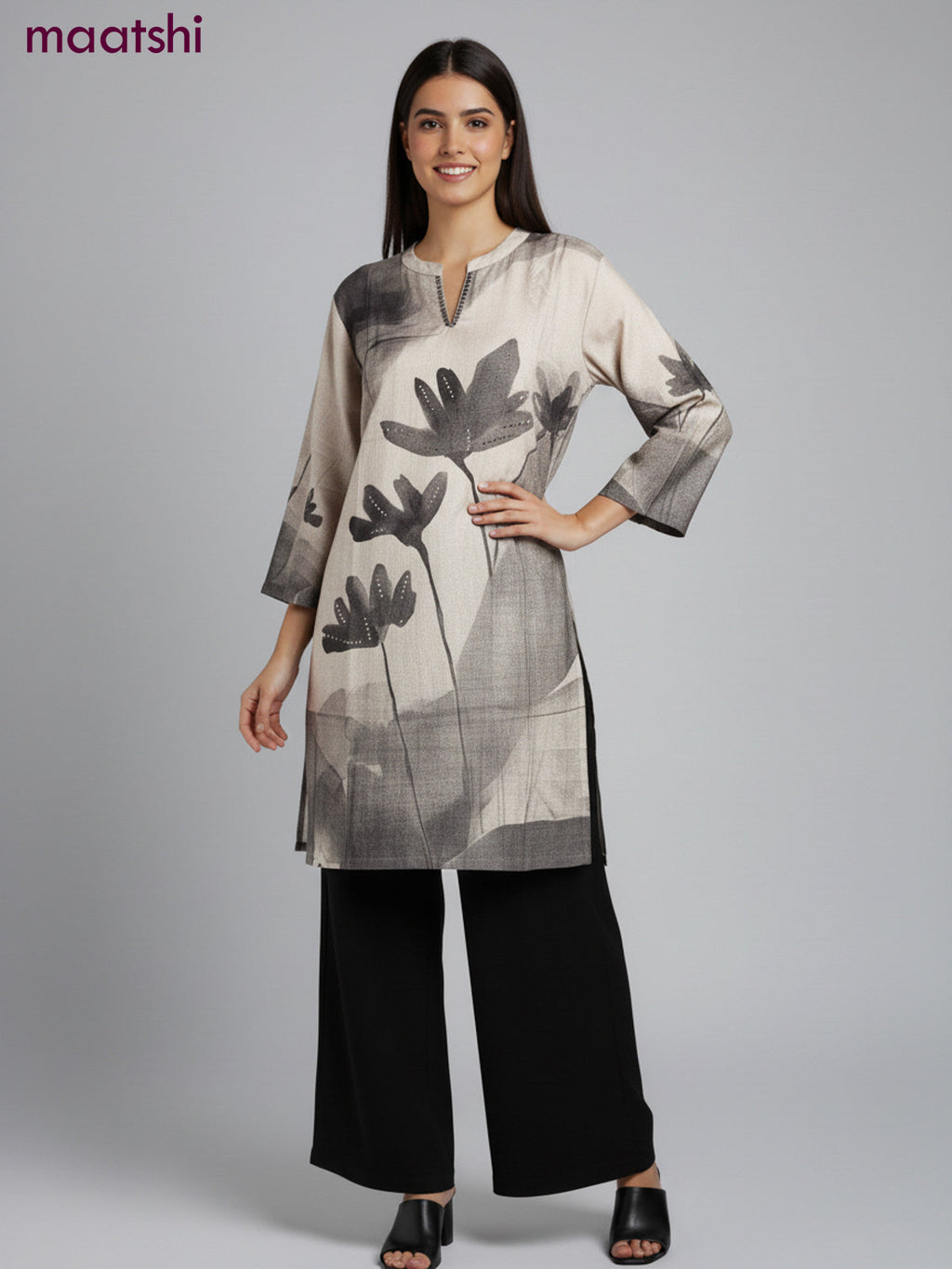 Muslin kurti set grey shade  with floral prints & embroidery beaded work neck pattern and and palazzo pant