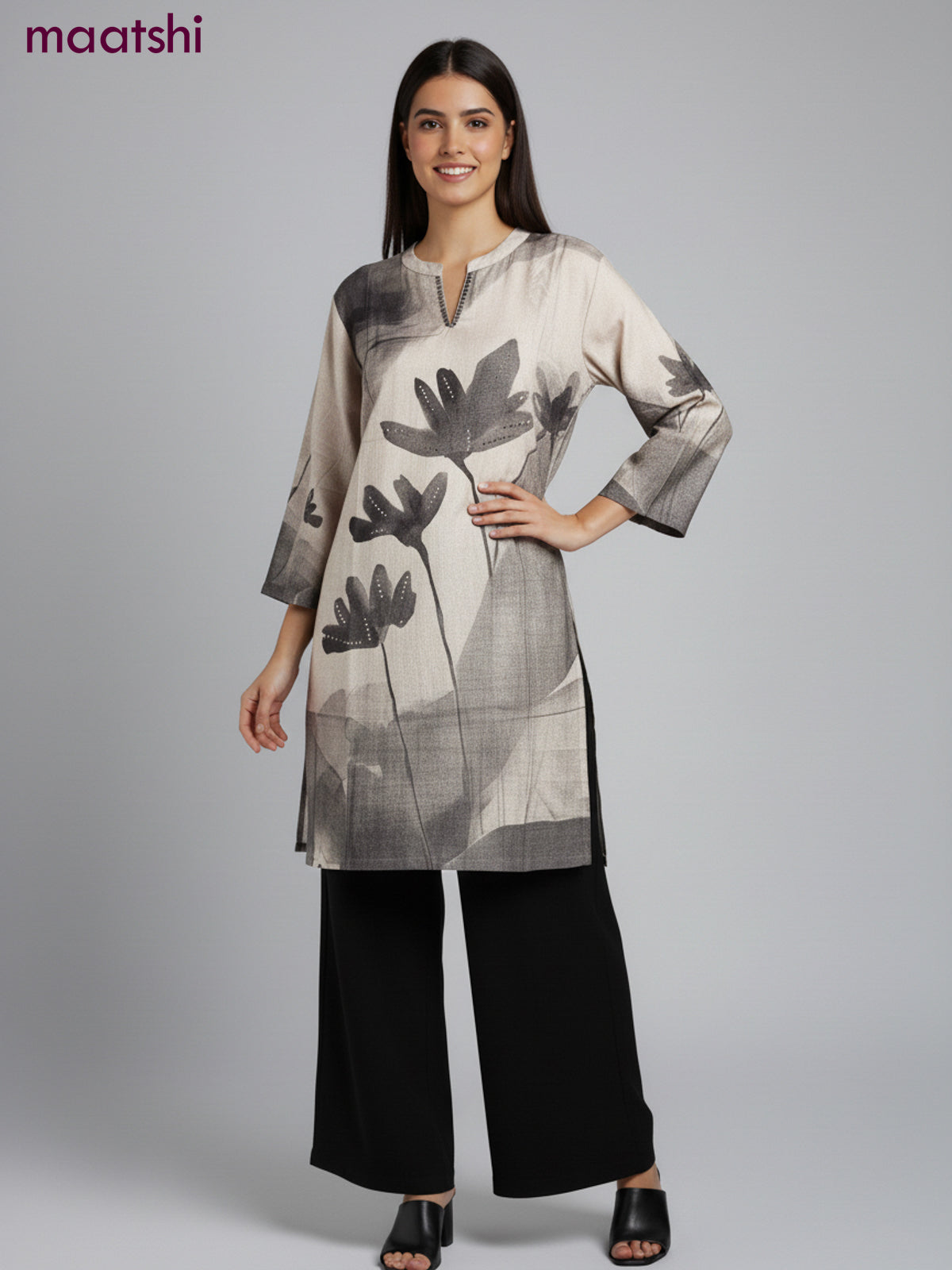 Muslin kurti set grey shade  with floral prints & embroidery beaded work neck pattern and and palazzo pant