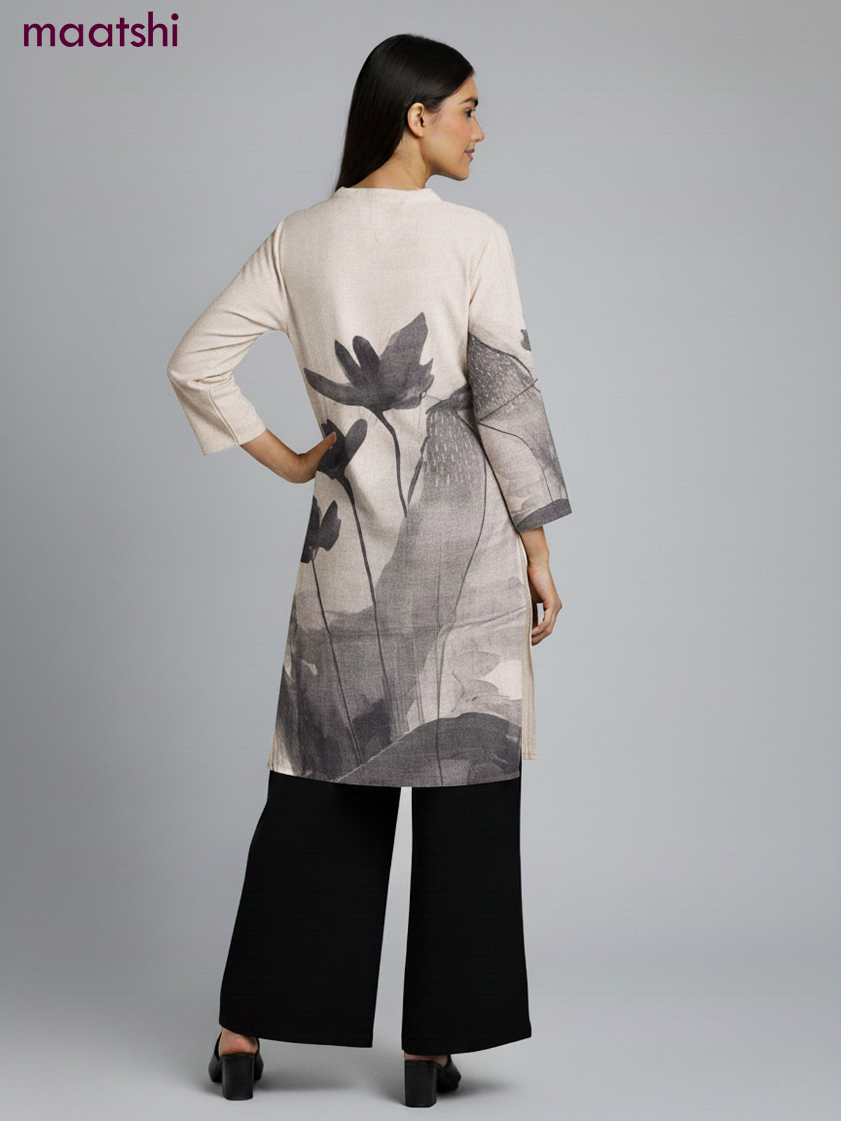 Muslin kurti set grey shade  with floral prints & embroidery beaded work neck pattern and and palazzo pant