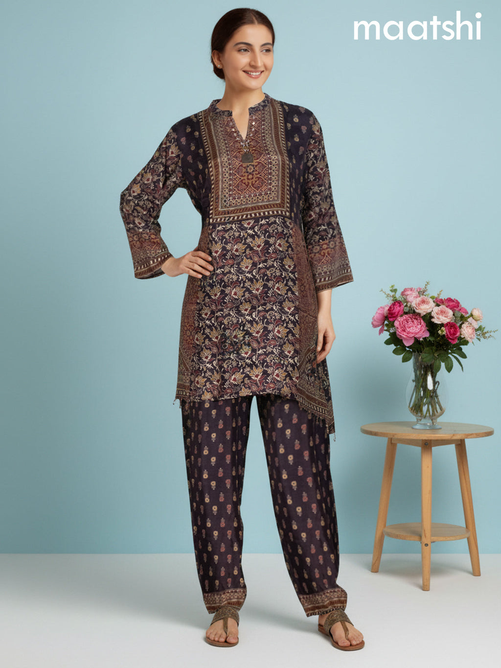 Deep Coffee Brown Muslin Floral Printed Straight Kurti Set