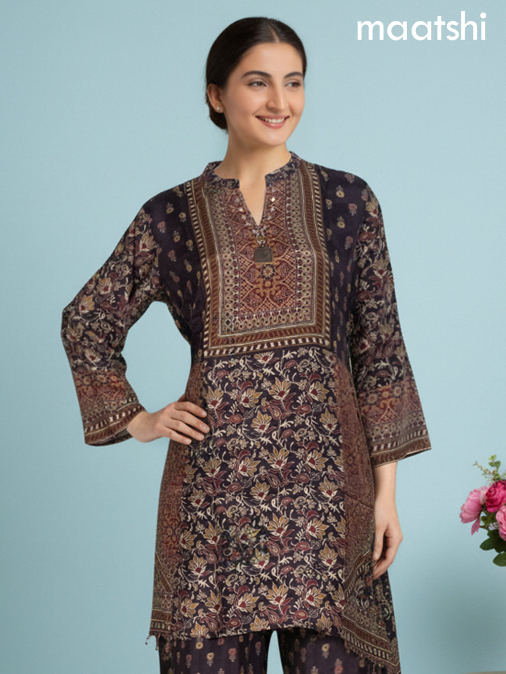 Deep Coffee Brown Muslin Floral Printed Straight Kurti Set
