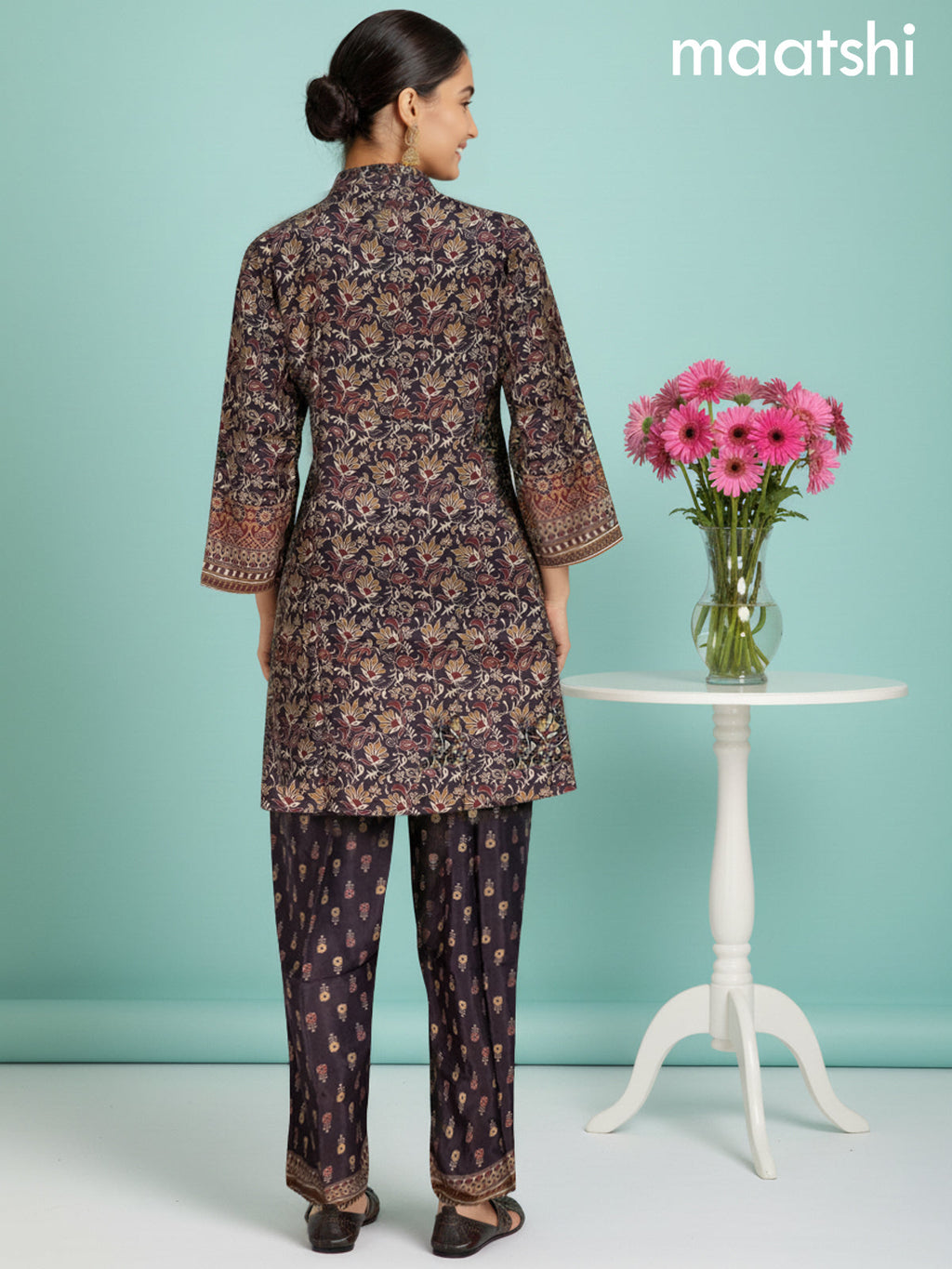 Deep Coffee Brown Muslin Floral Printed Straight Kurti Set