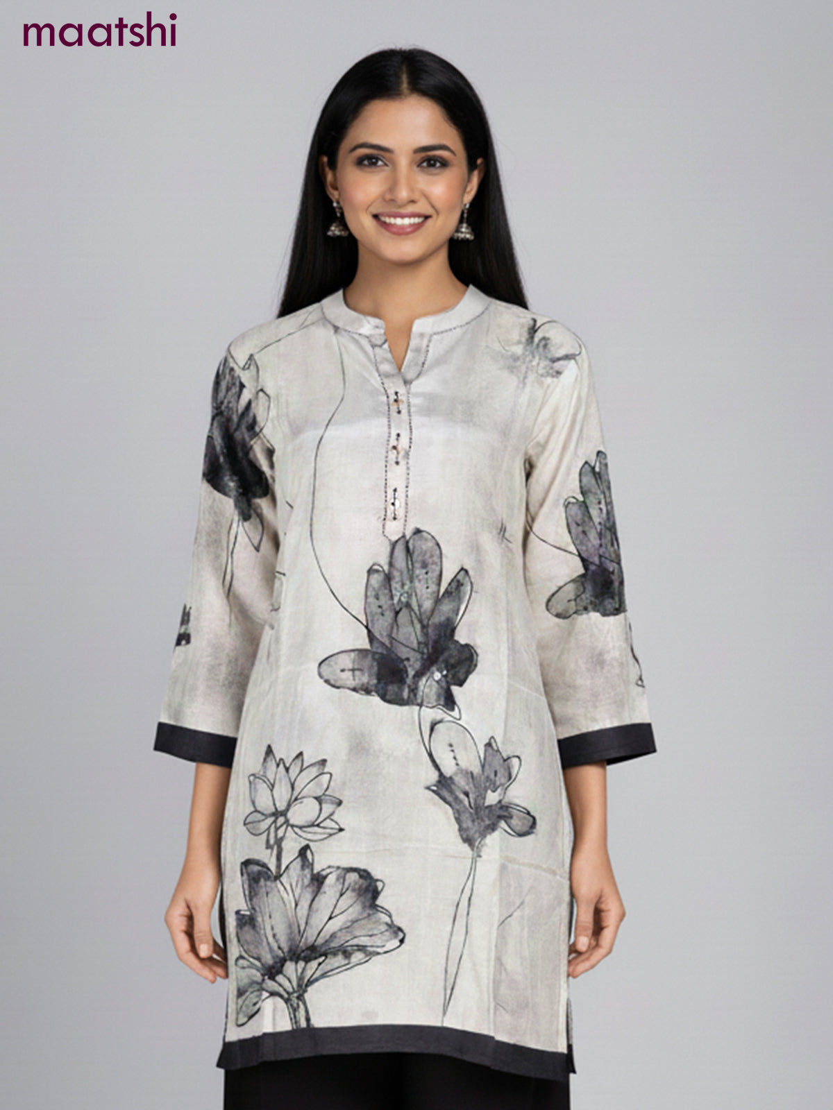 Muslin kurti set paslet grey with floral prints & embroidery beaded work neck pattern and and palazzo pant