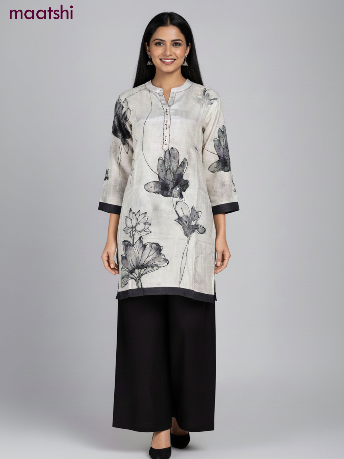 Muslin kurti set paslet grey with floral prints & embroidery beaded work neck pattern and and palazzo pant