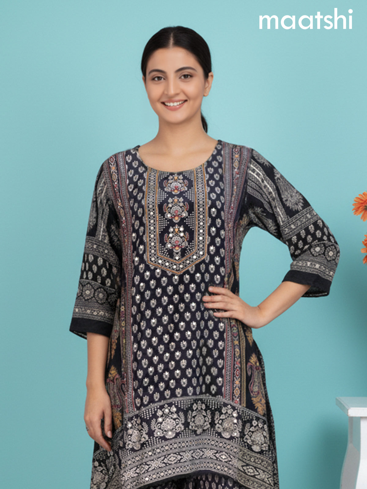 Black Crepe Silk Printed Straight Kurti Set