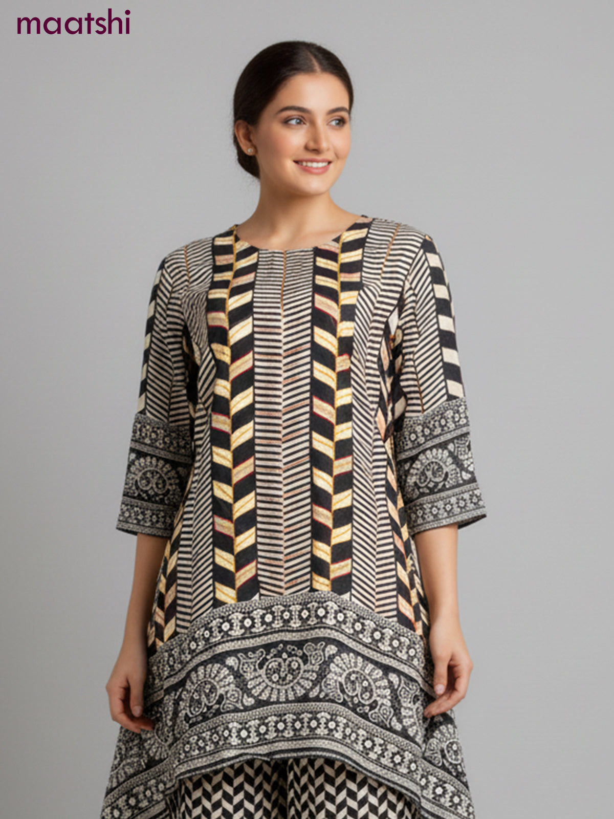Crepe silk kurti set black with allover prints & embroidery sequin work neck pattern and and palazzo pant