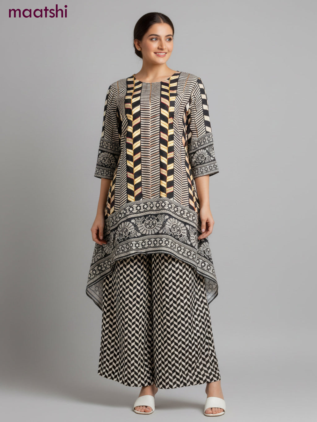 Crepe silk kurti set black with allover prints & embroidery sequin work neck pattern and and palazzo pant