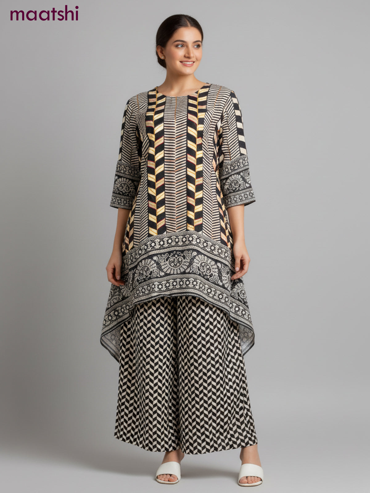 Crepe silk kurti set black with allover prints & embroidery sequin work neck pattern and and palazzo pant