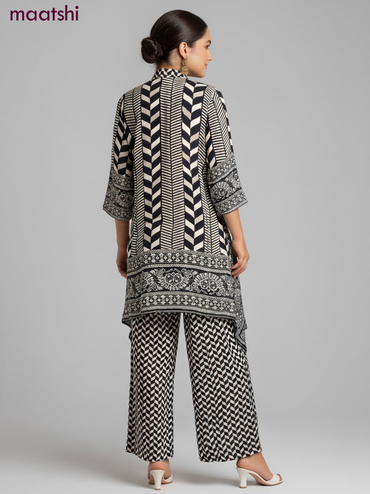Crepe silk kurti set black with allover prints & embroidery sequin work neck pattern and and palazzo pant