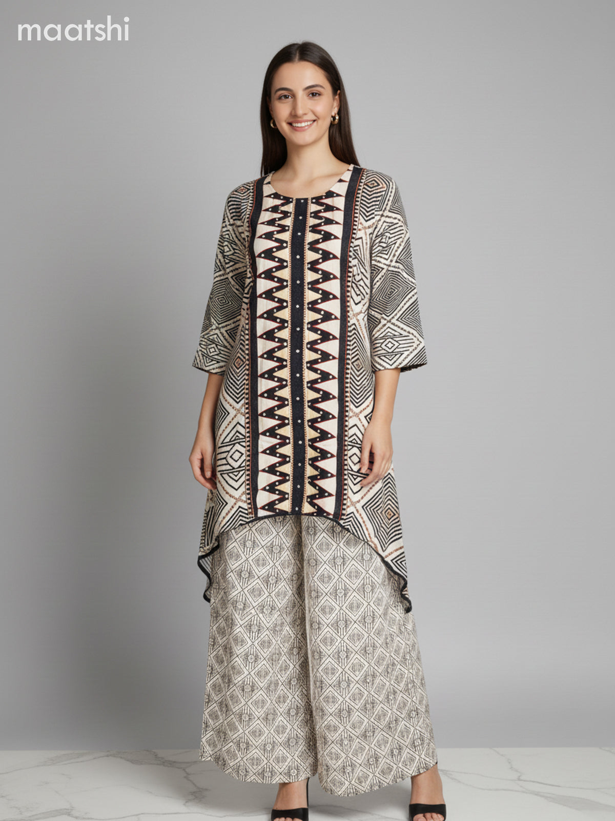 Crepe silk kurti set black with allover prints & embroidery sequin work neck pattern and and palazzo pant