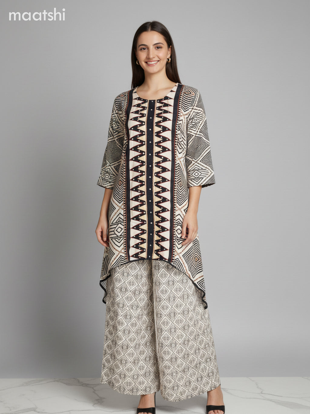 Crepe silk kurti set black with allover prints & embroidery sequin work neck pattern and and palazzo pant