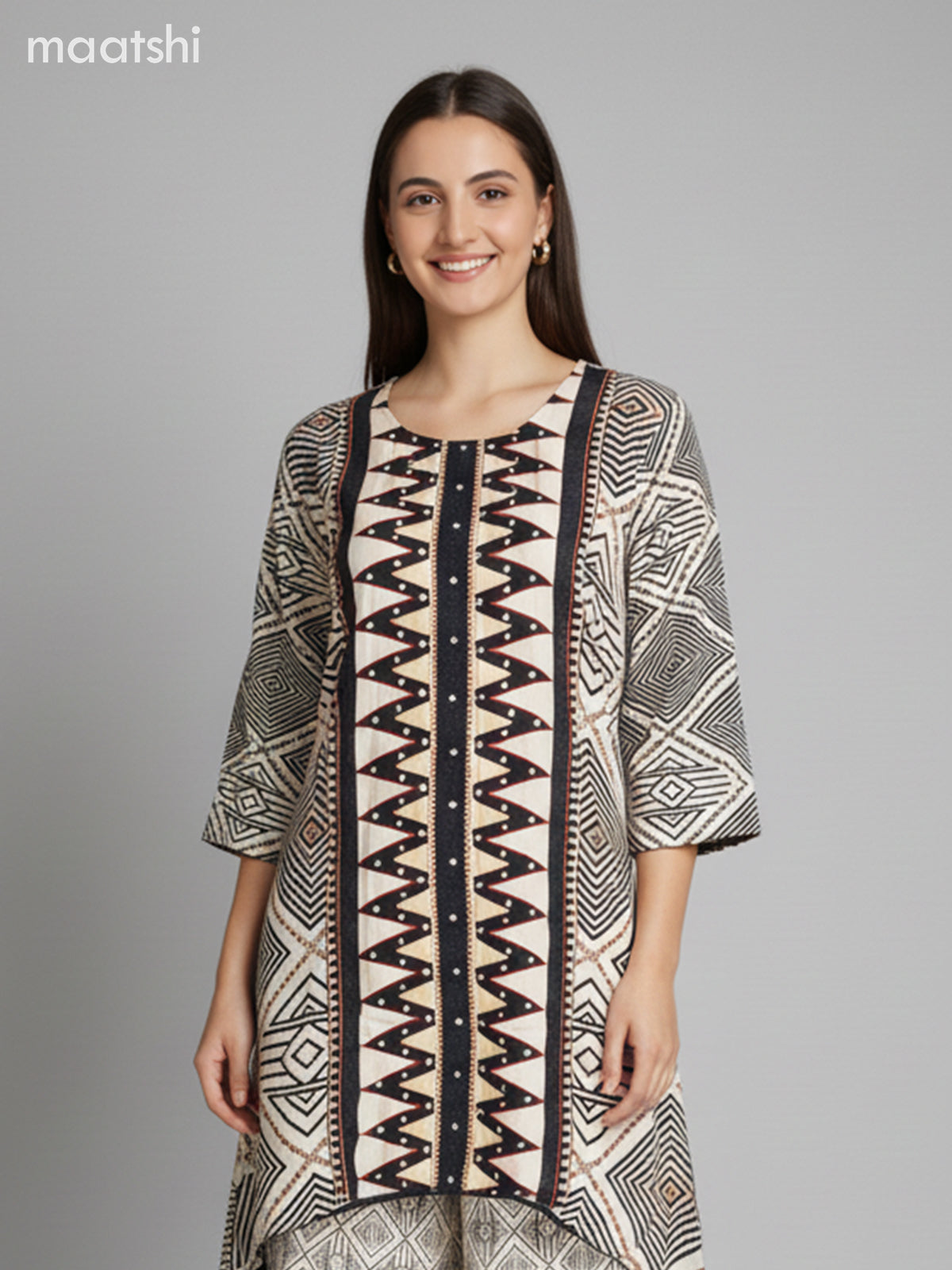 Crepe silk kurti set black with allover prints & embroidery sequin work neck pattern and and palazzo pant