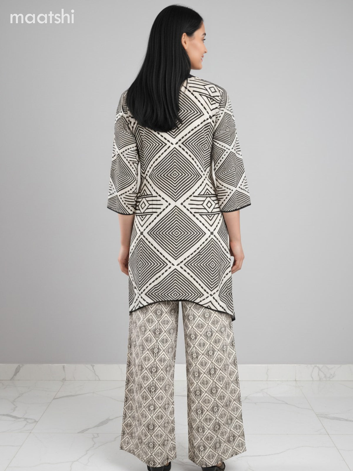 Crepe silk kurti set black with allover prints & embroidery sequin work neck pattern and and palazzo pant