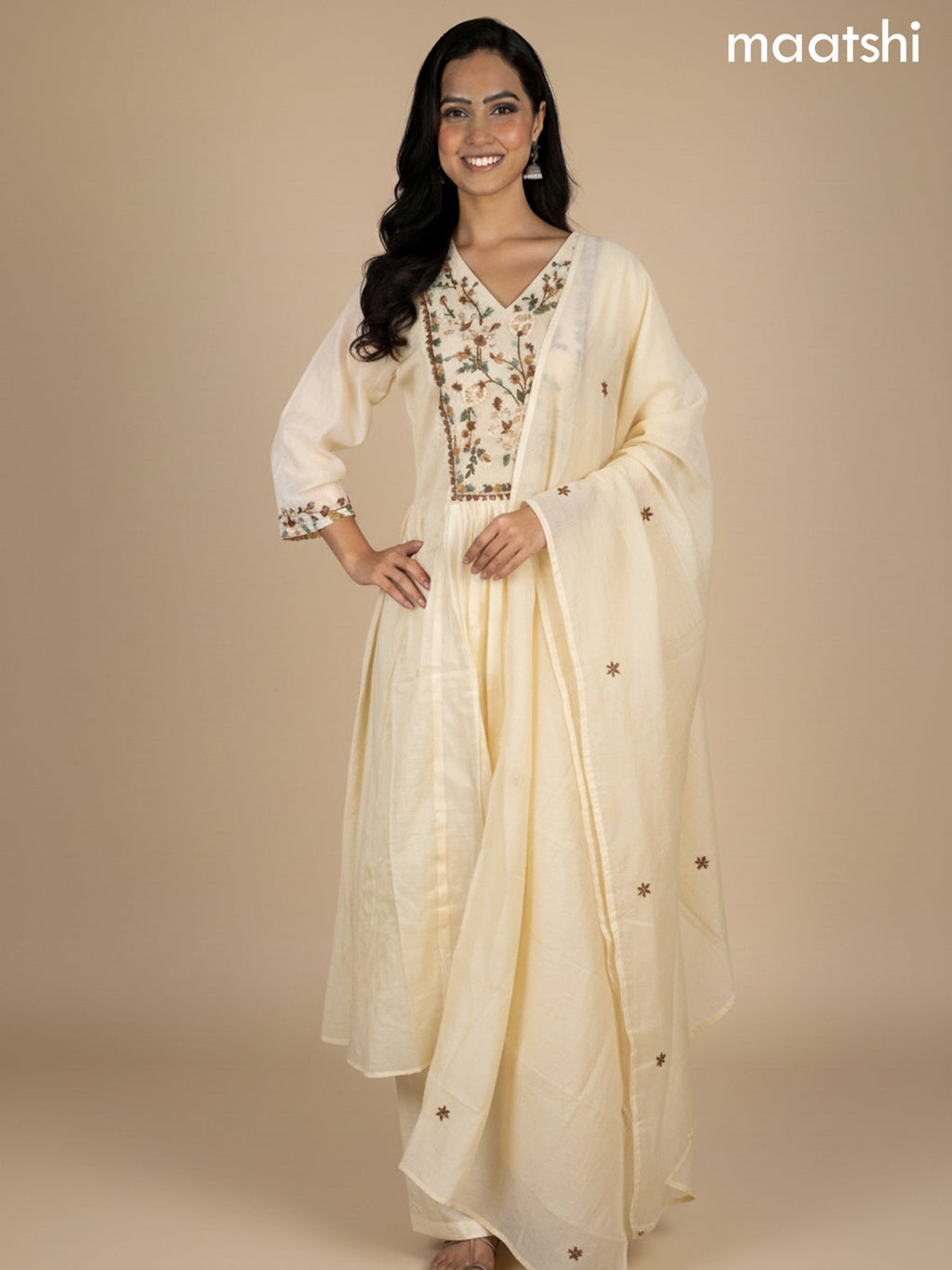 Cream Mul Chanderi Embroidery Work Neck Pattern Anarkali Suit