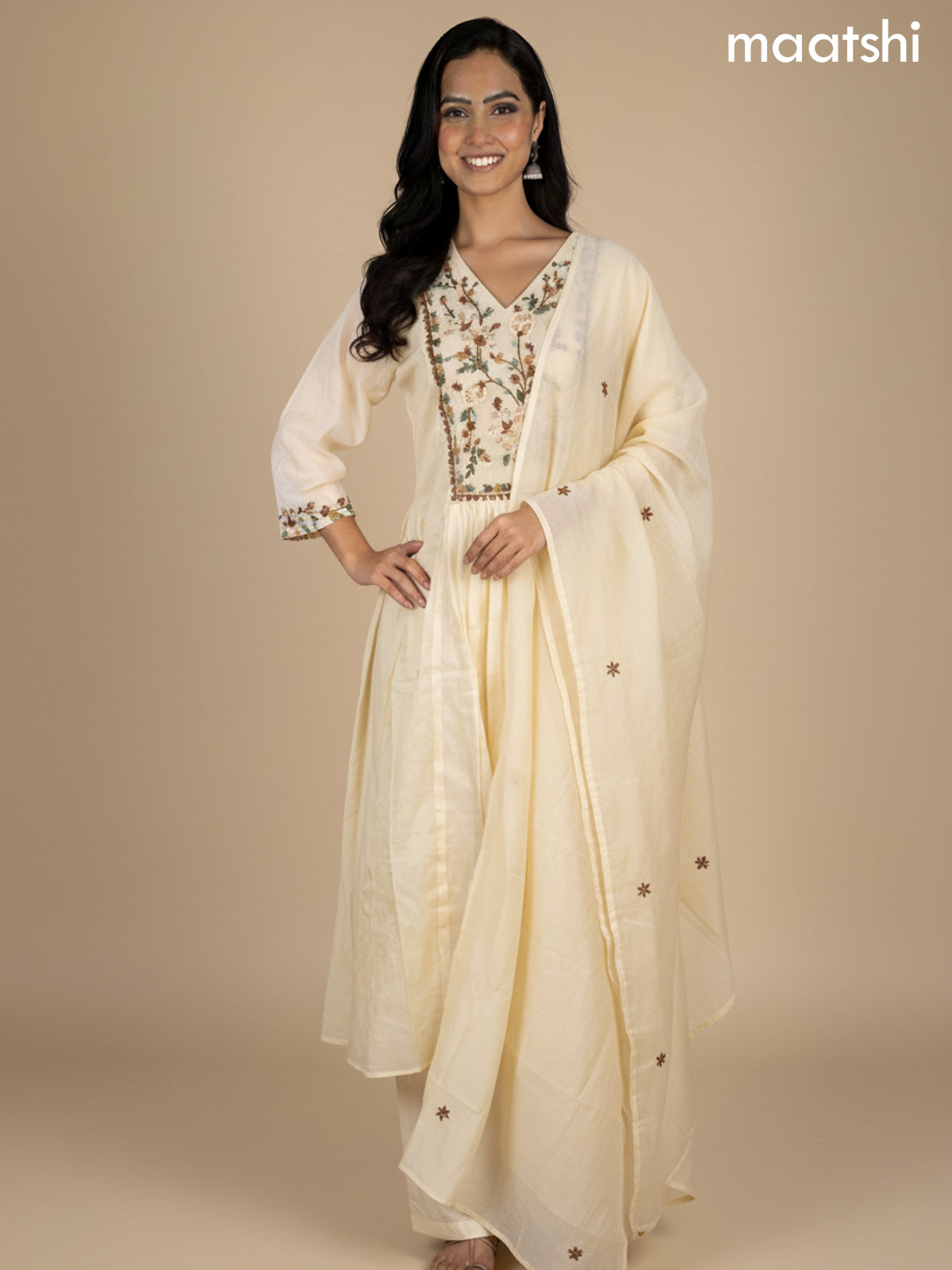 Cream Mul Chanderi Embroidery Work Neck Pattern Anarkali Suit