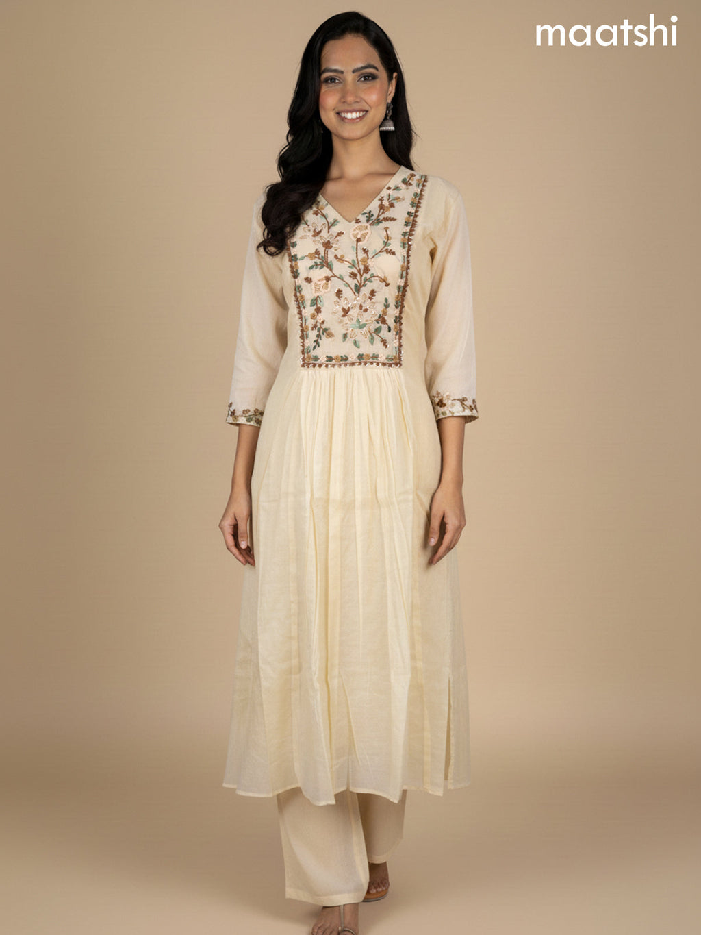 Cream Mul Chanderi Embroidery Work Neck Pattern Anarkali Suit