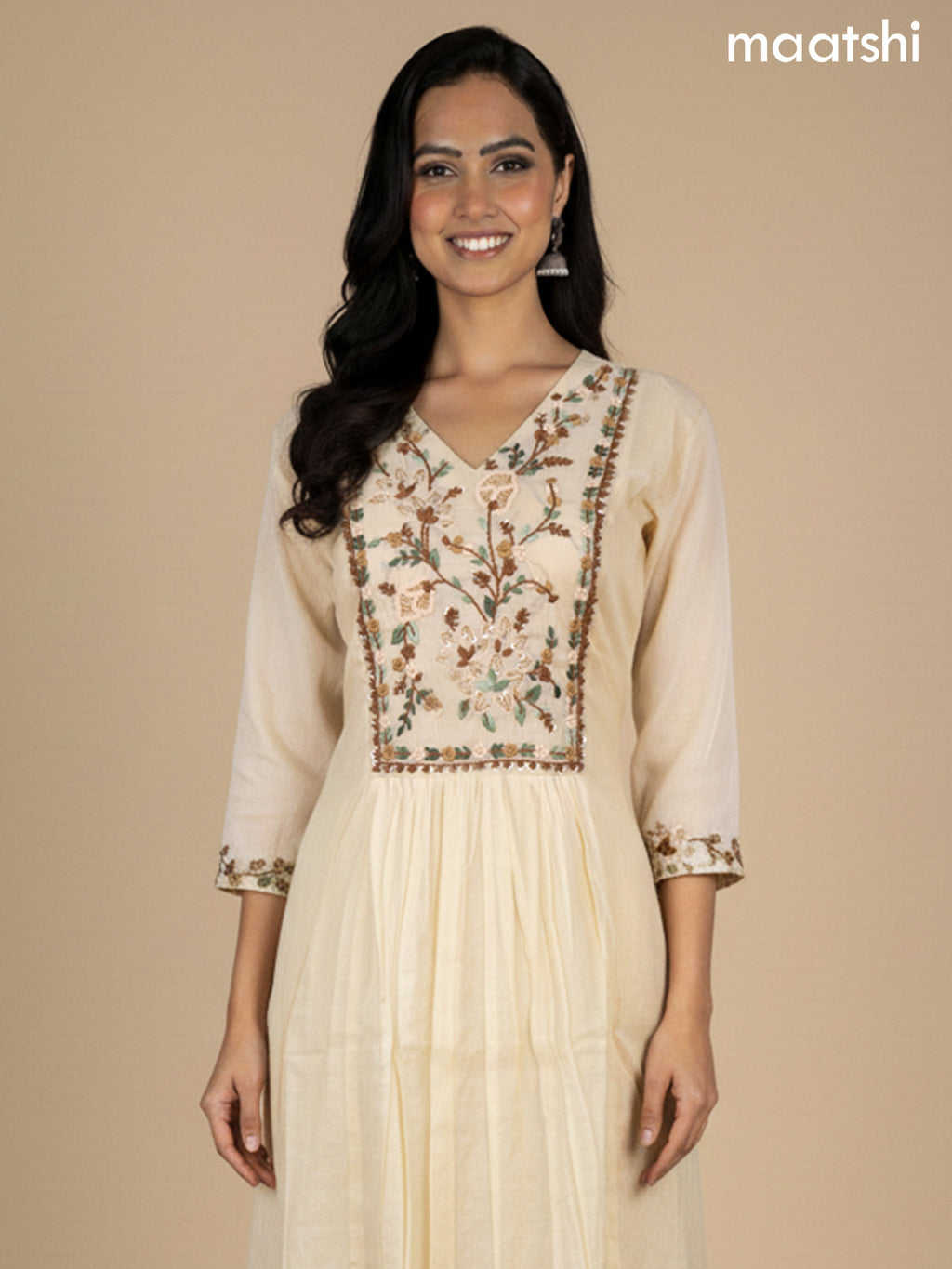 Cream Mul Chanderi Embroidery Work Neck Pattern Anarkali Suit