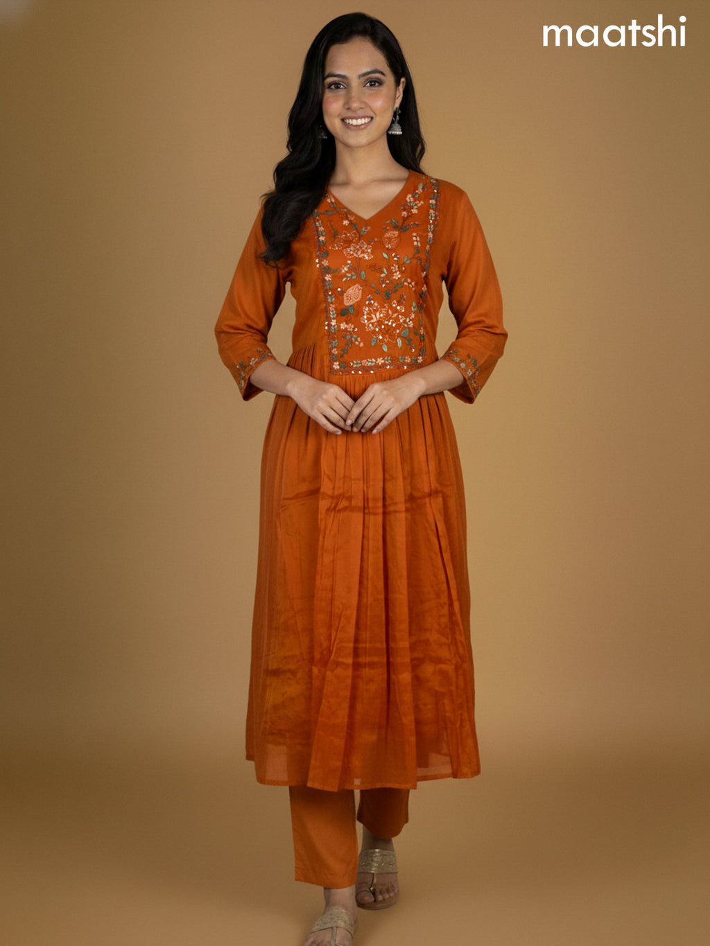 Rustic Orange Mul Chanderi Embroidery Work Neck Pattern Anarkali Suit