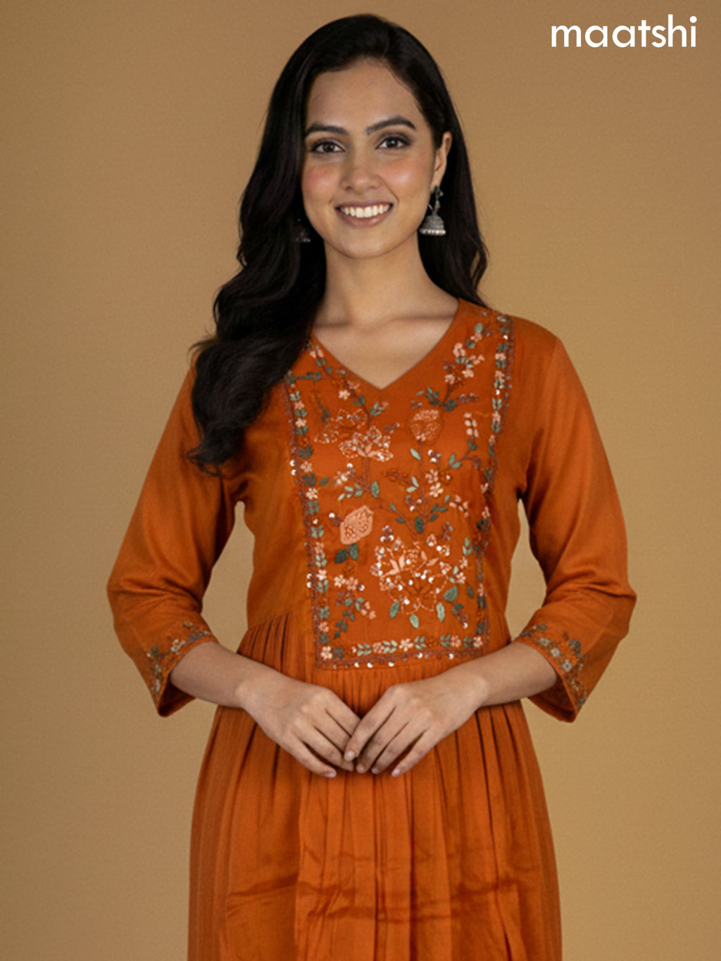 Rustic Orange Mul Chanderi Embroidery Work Neck Pattern Anarkali Suit