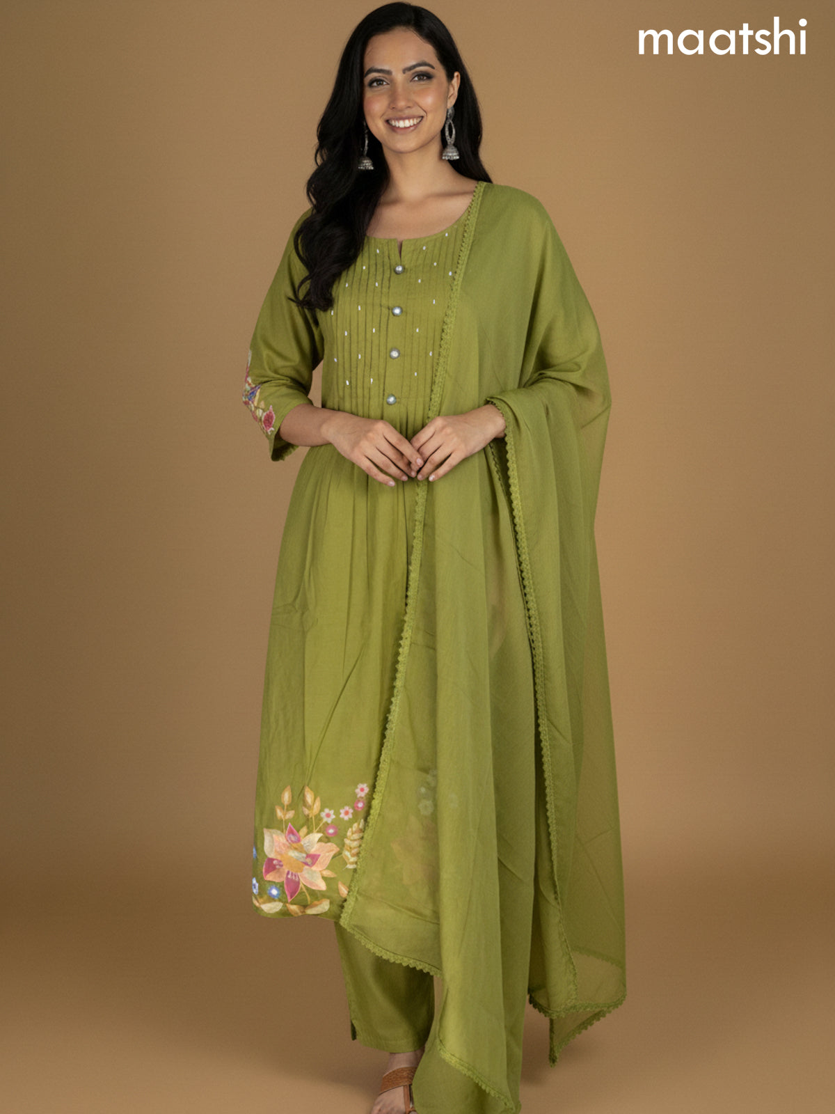 Green Cotton Embroidery Work Anarkali Suit