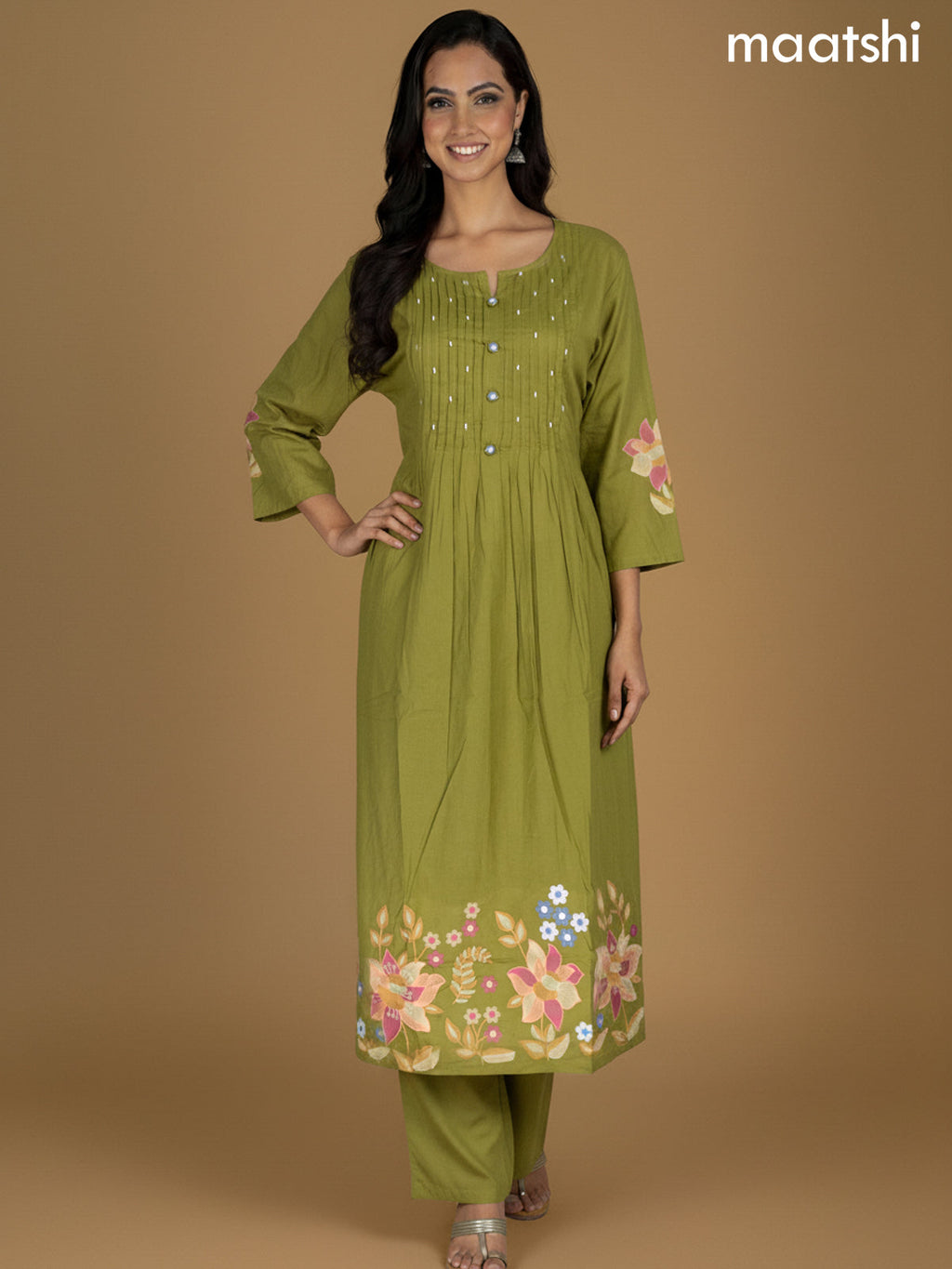 Green Cotton Embroidery Work Anarkali Suit