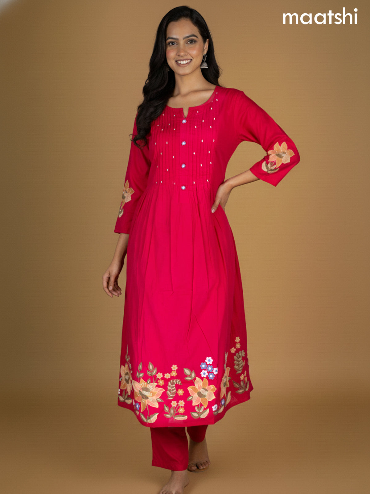Pink Cotton Embroidery Work Anarkali Suit