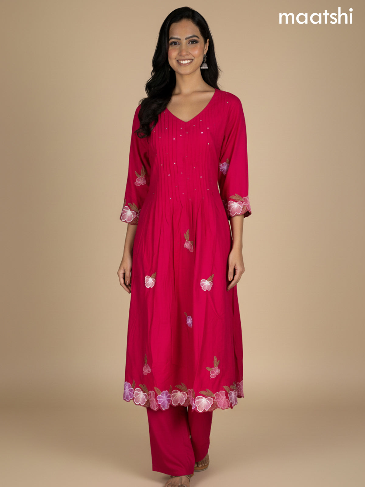 Pink Cotton Embroidery Work A-Line Suit