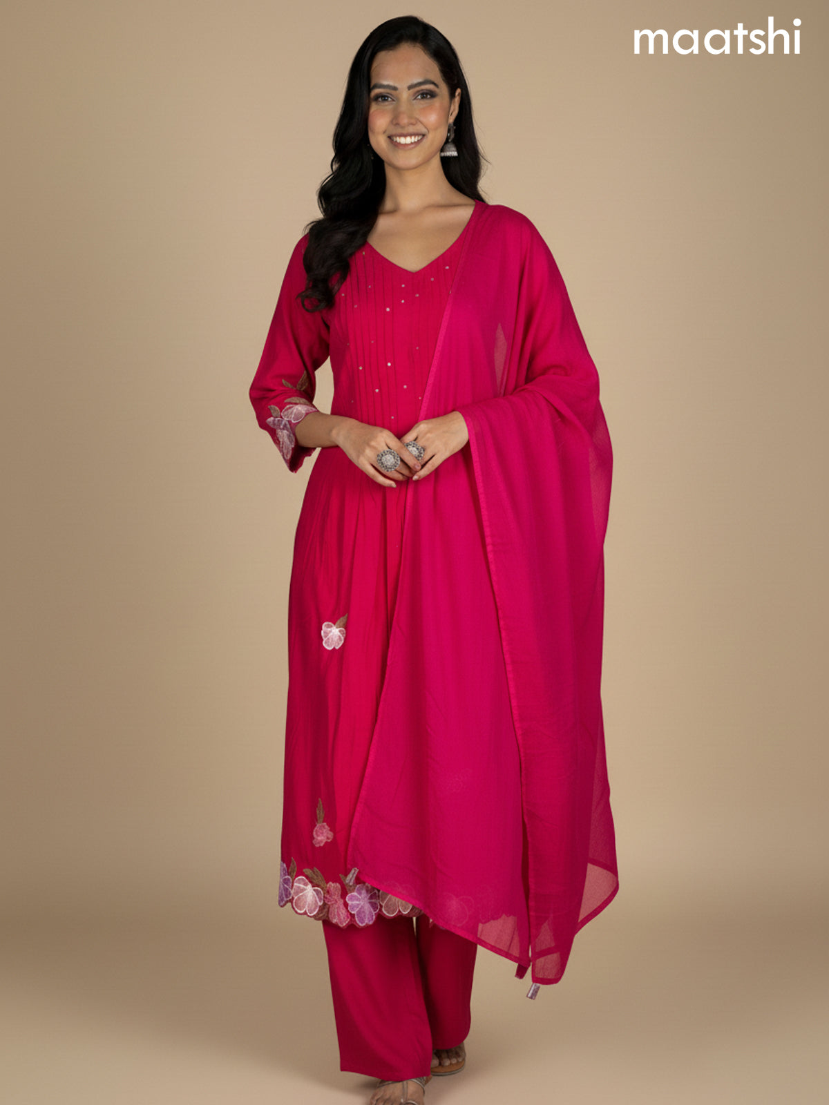 Pink Cotton Embroidery Work A-Line Suit