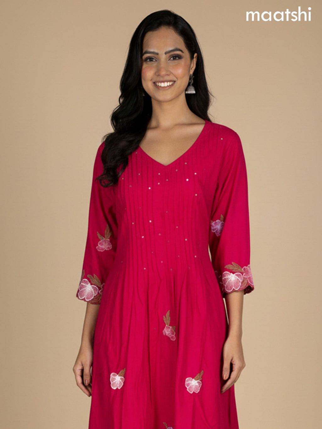 Pink Cotton Embroidery Work A-Line Suit