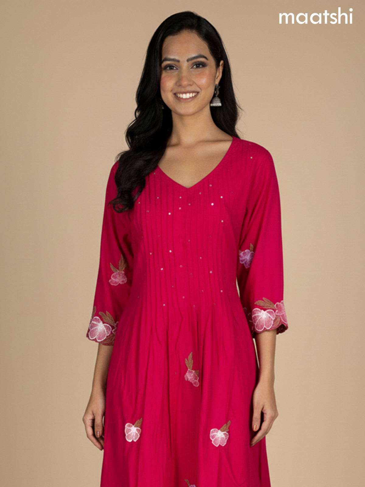 Pink Cotton Embroidery Work A-Line Suit