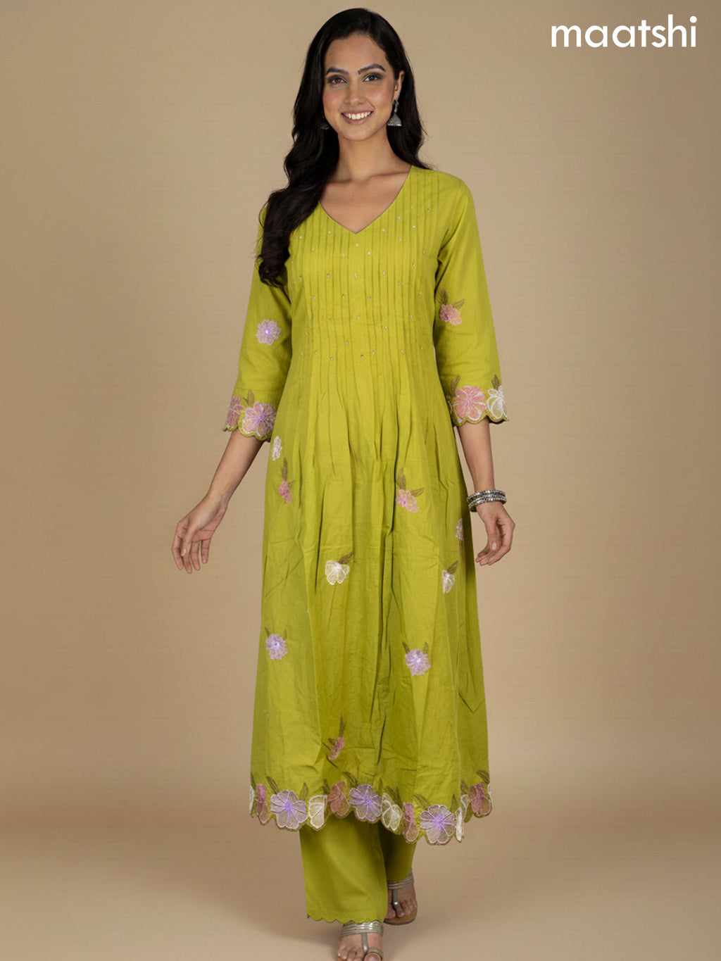 Lime Green Cotton Embroidery Work A-Line Suit