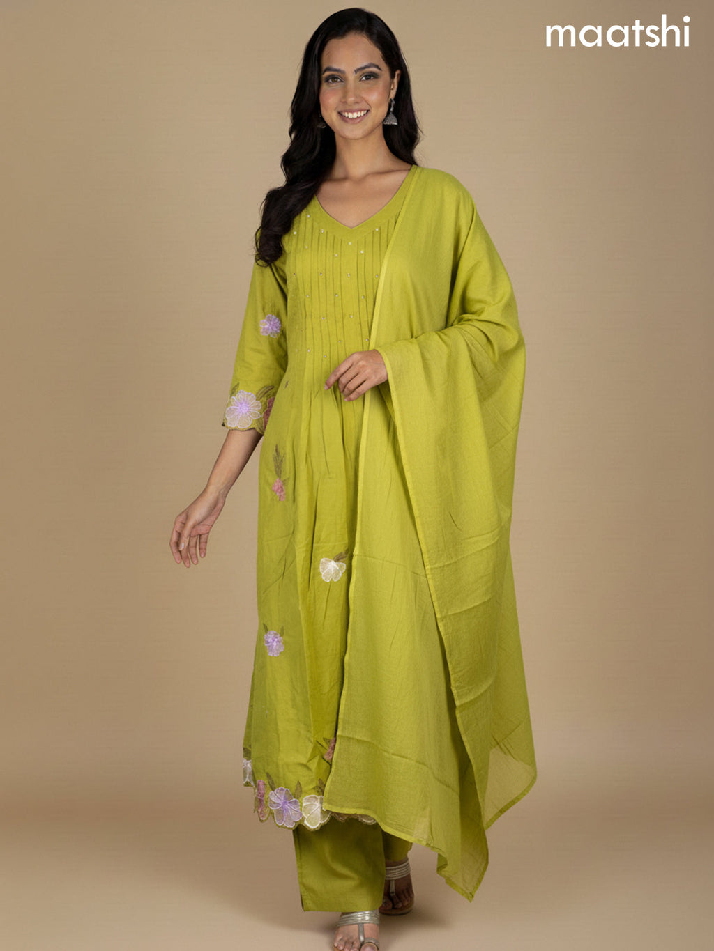 Lime Green Cotton Embroidery Work A-Line Suit