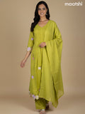 Lime Green Cotton Embroidery Work A-Line Suit