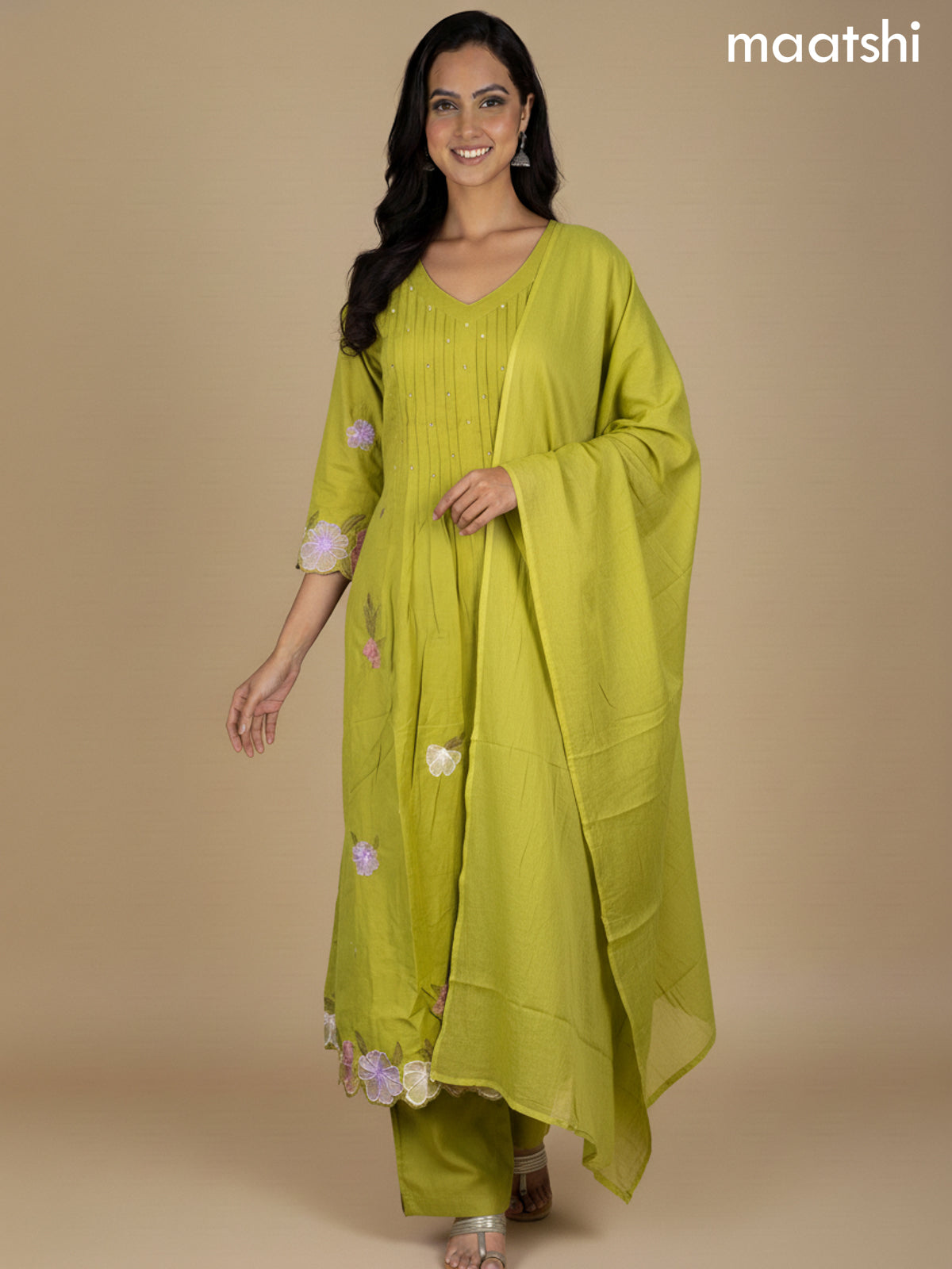 Lime Green Cotton Embroidery Work A-Line Suit