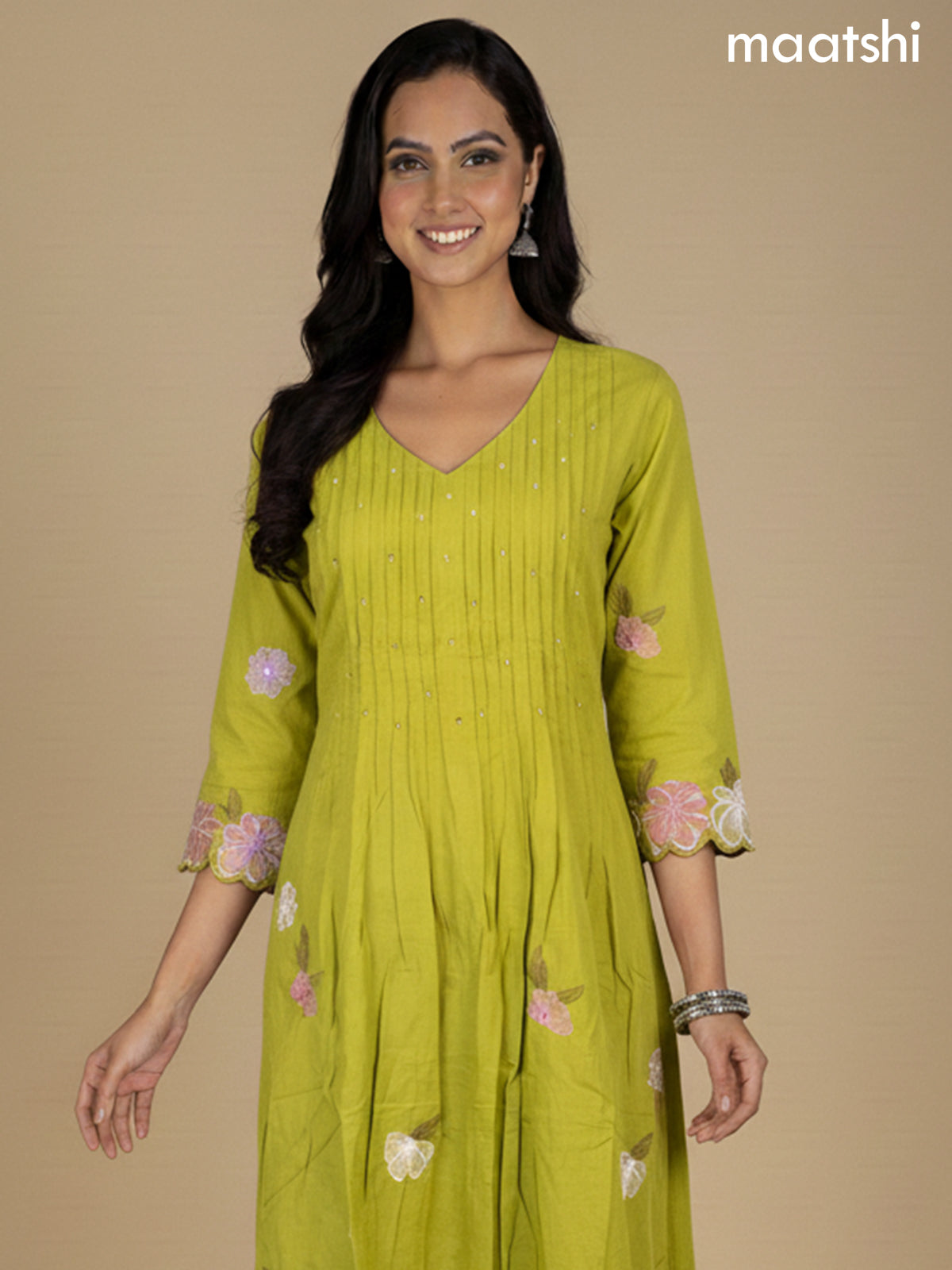 Lime Green Cotton Embroidery Work A-Line Suit