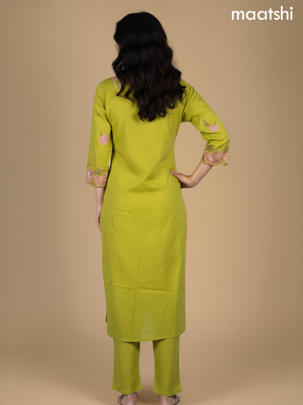 Lime Green Cotton Embroidery Work A-Line Suit