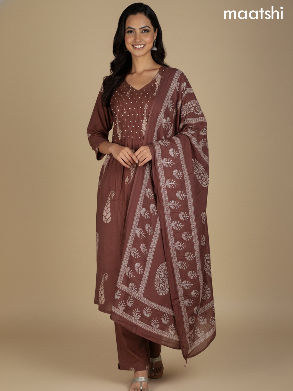 Dark Brown Cotton Printed Straight Suit