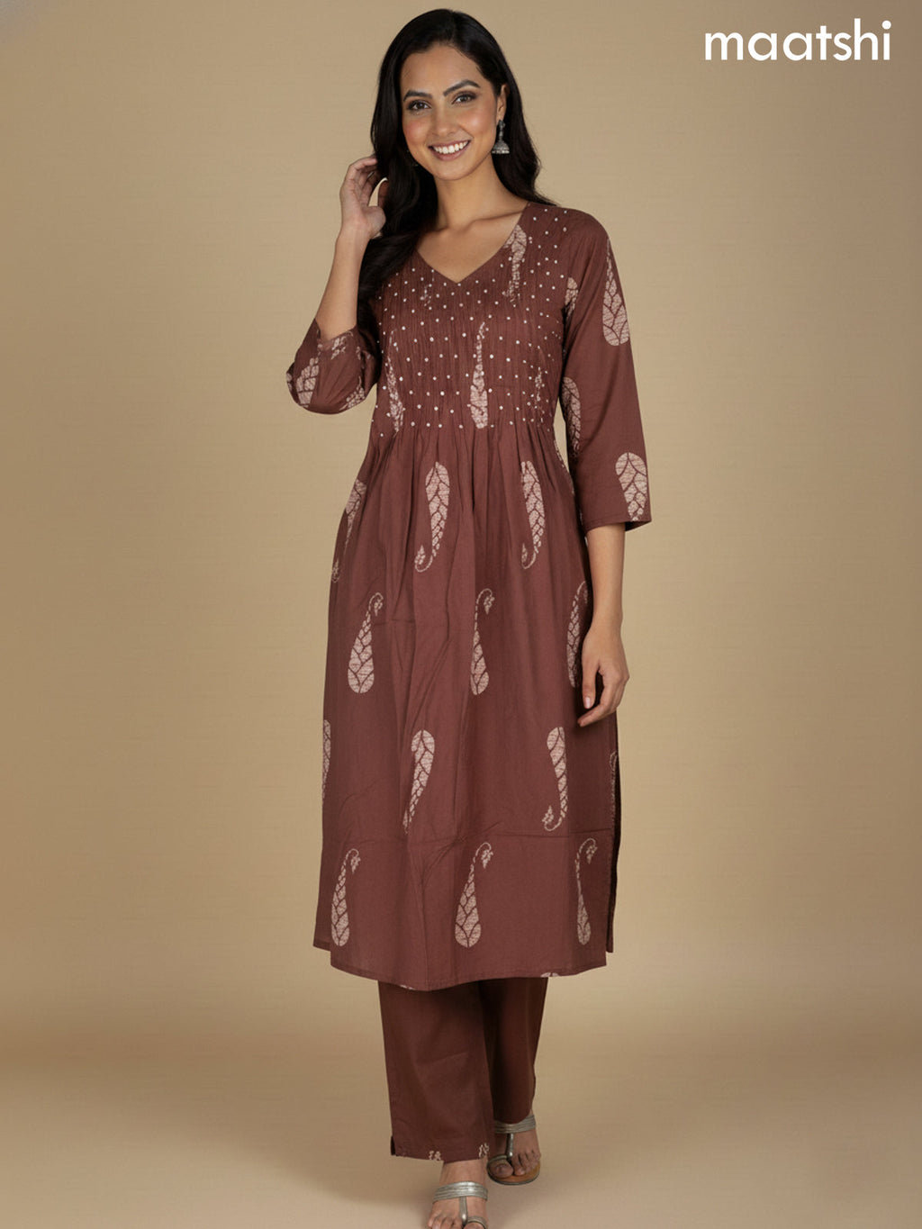 Dark Brown Cotton Printed Straight Suit