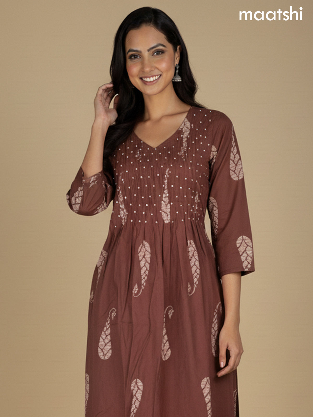 Dark Brown Cotton Printed Straight Suit