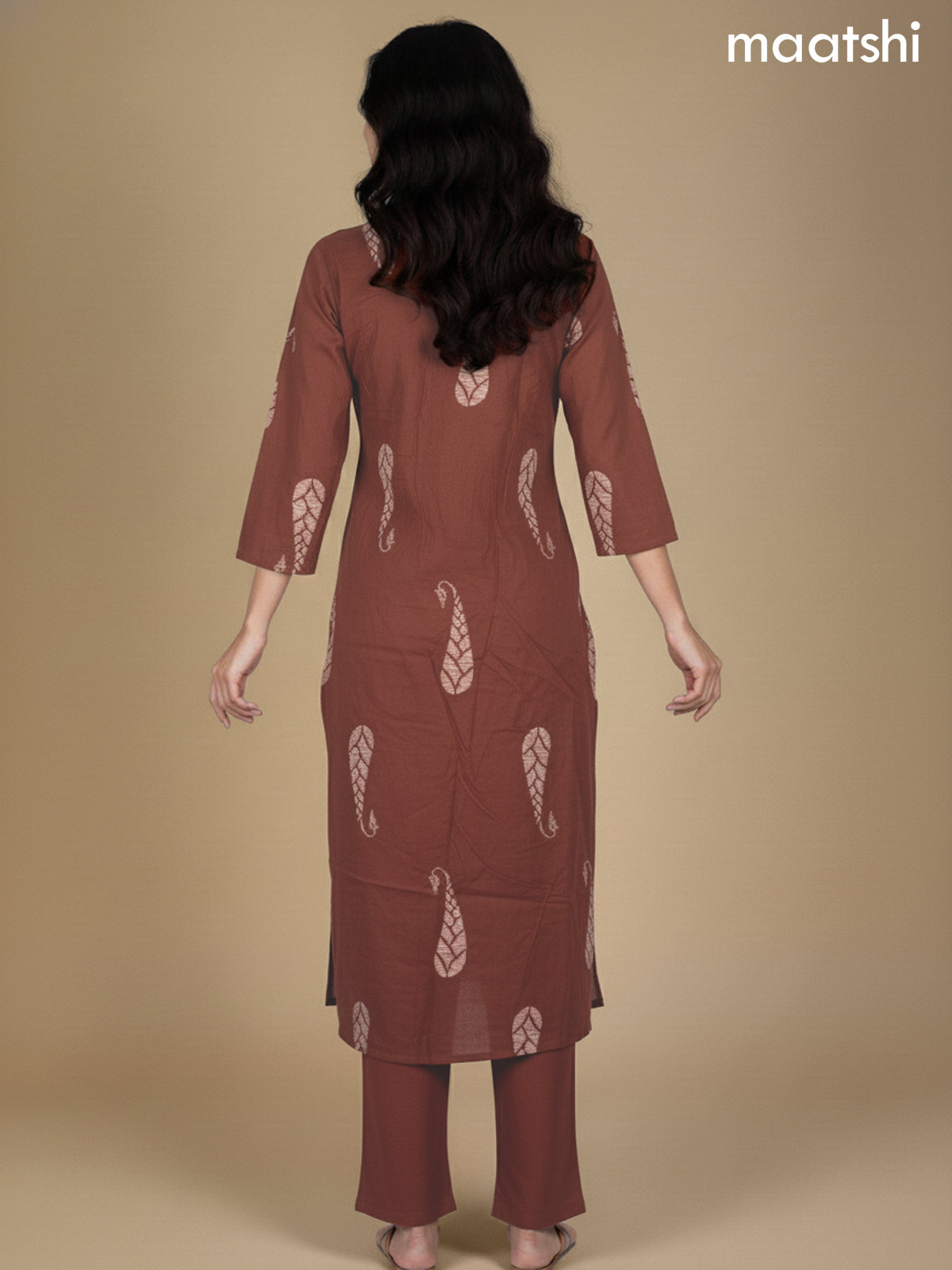 Dark Brown Cotton Printed Straight Suit