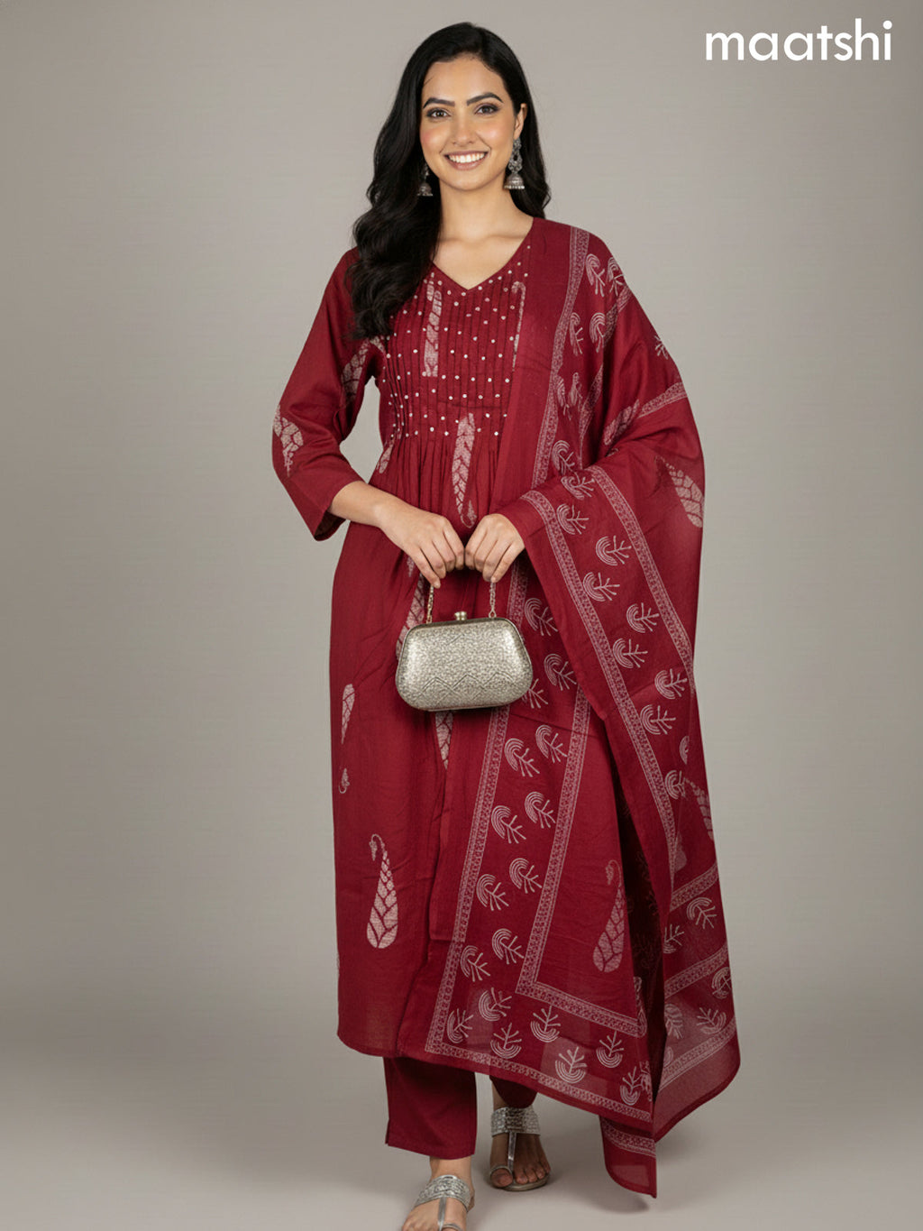 Maroon Cotton Printed Straight Suit