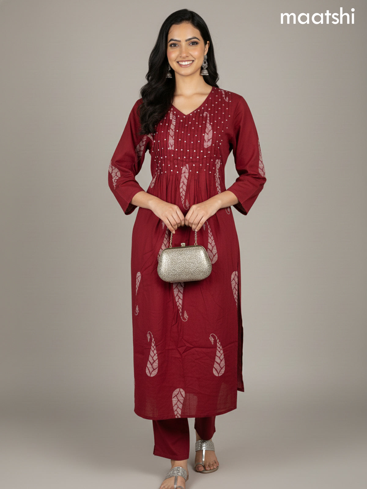 Maroon Cotton Printed Straight Suit