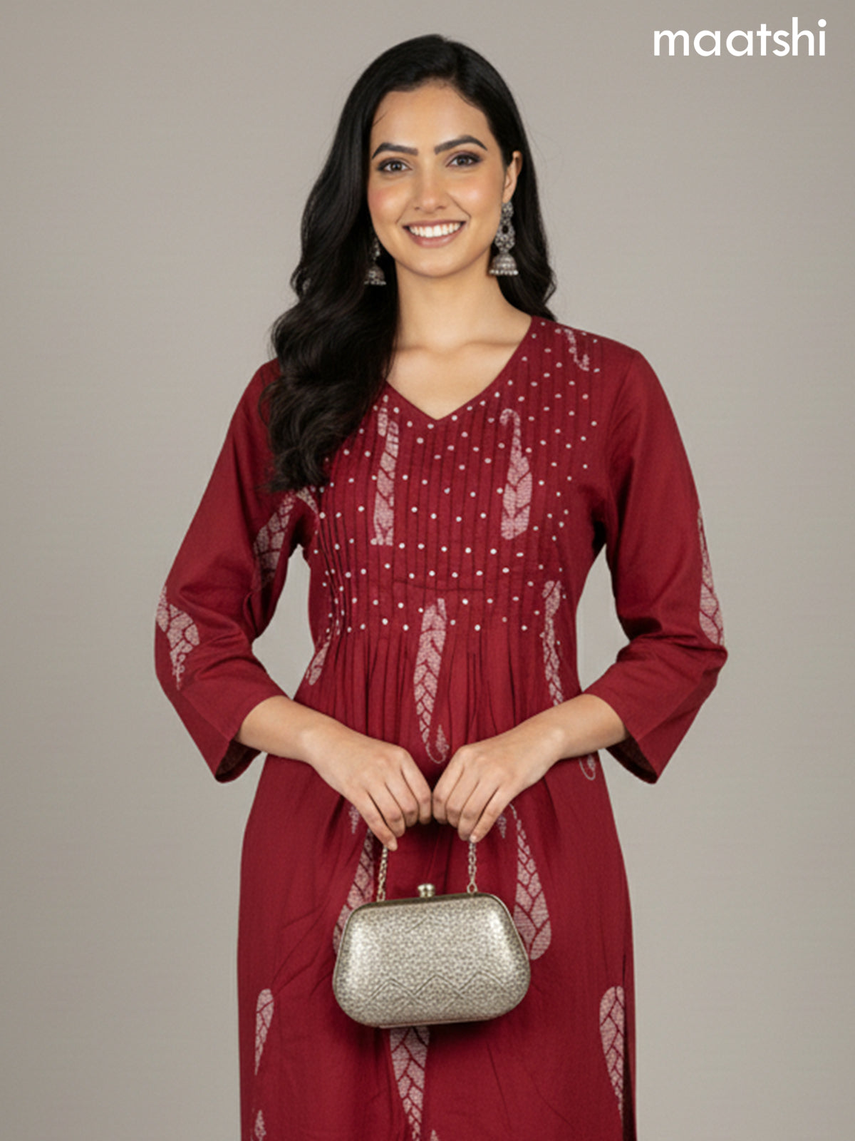 Maroon Cotton Printed Straight Suit