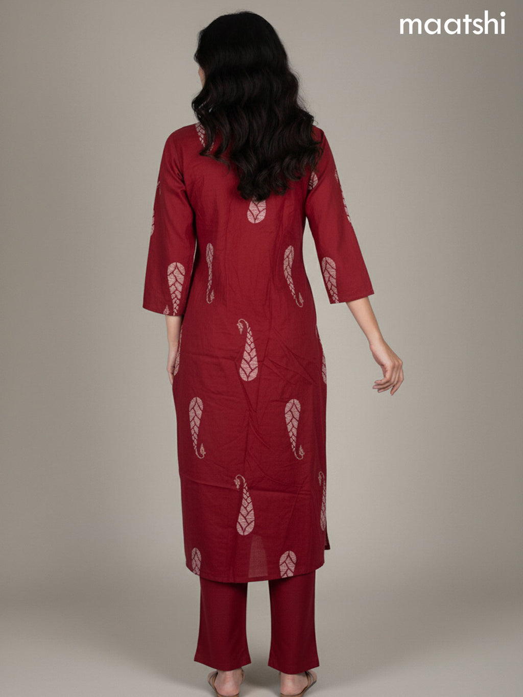 Maroon Cotton Printed Straight Suit